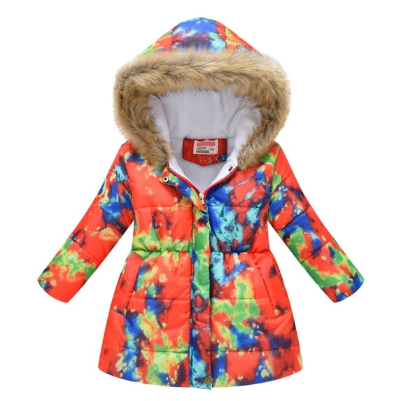 Odeerbi Toddler Winter Coat Kids Boys Girls Outerwear Jackets Tie-Dye Thick Warm Parkas Hooded Windproof Coat Outwear Clothes Orange