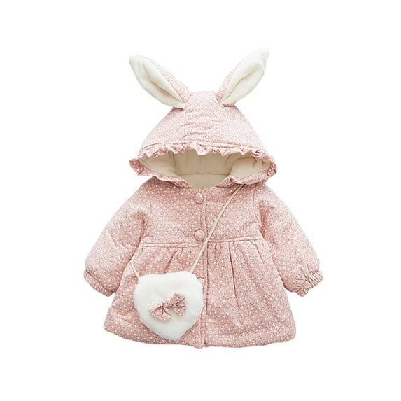 Odeerbi Toddler Winter Coat Kids Girls Outerwear Jackets Autumn Baby Rabbit Ears Polka Dot Decoration Warm Cotton Coat WIth Bag Pink