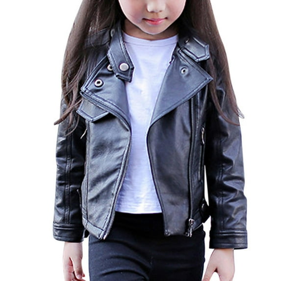 Odeerbi Toddler Winter Coat Kids Girls Outerwear Jackets Baby Outfits Spring Autumn Faux Leather Lapel Jacket Zipper Coat Black