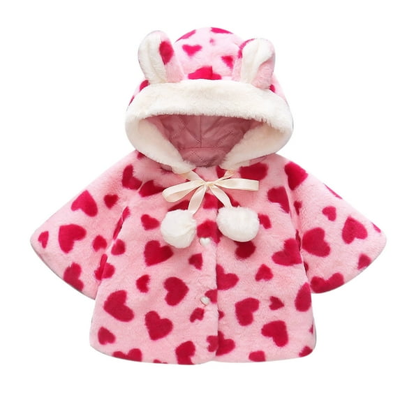 Odeerbi Toddler Winter Coat Kids Girls Outerwear Jackets Baby Solid Color Heart Print Plush Cute Bear Ears Hoodie Thick Coat Jacket Pink