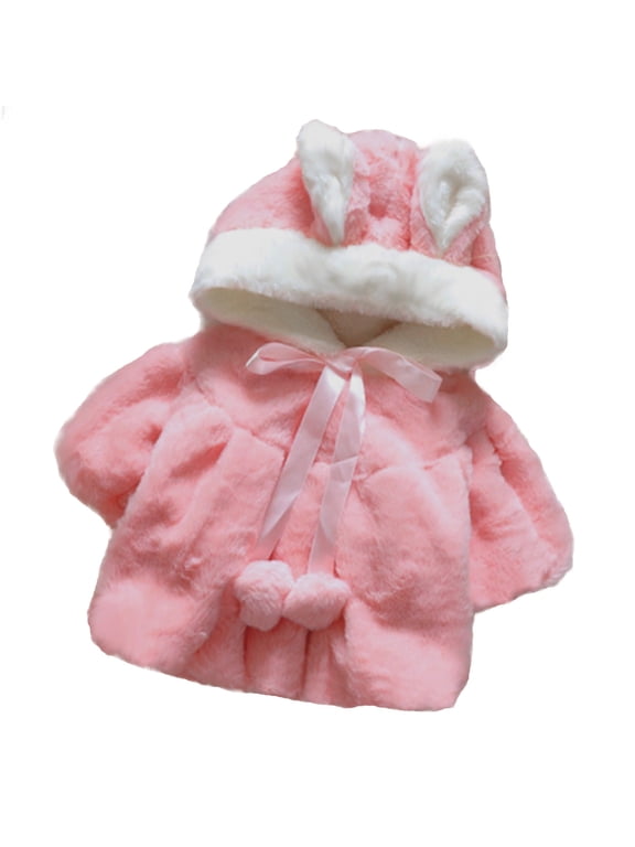 Toddler Winter Coat Kids Girls Outerwear Jackets Solid Color Plush Cute Rabbit Ears Hoodie Thick Coat Cloak Pink