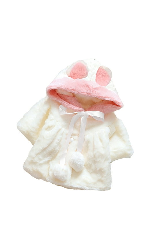 Toddler Winter Coat Kids Girls Outerwear Jackets Solid Color Plush Cute Rabbit Ears Hoodie Thick Coat Cloak White