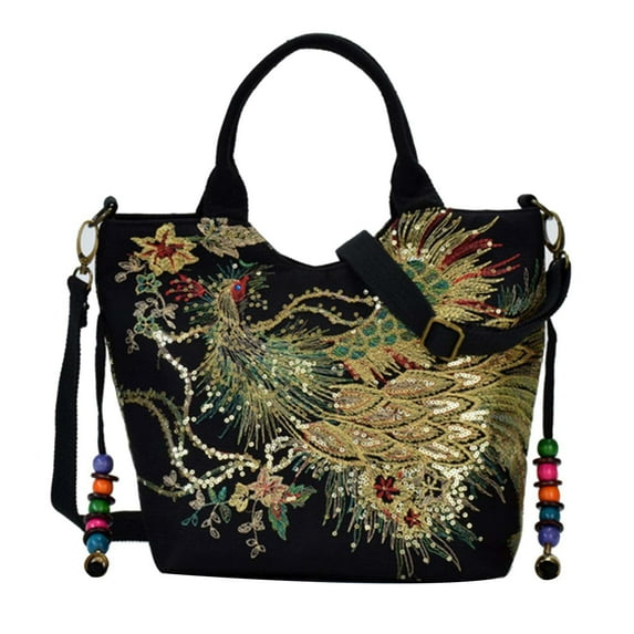 Odeerbi Tote Bag for Women 2025 New Wind Embroidered Bag Canvas Peahen Embroidery Middle-aged Shoulder Portable Package Black
