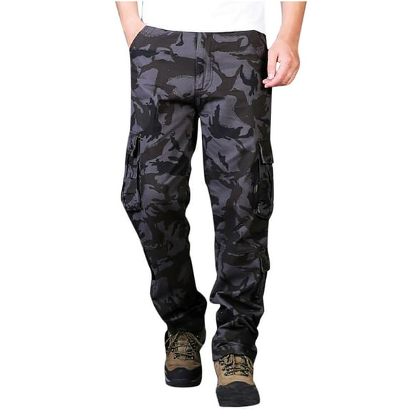 Odeerbi Trousers Full Length Pants for Men Plus Size Pure Cotton Thick Camouflage Multi-pocket Wear-resistant Overalls Trousers Blue