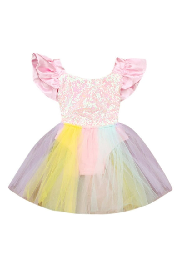 Tulle Dress for Girls Toddler Kid Baby Sleeveless Princess Dress Rainbow Sequined Lace Romper Dress Pink