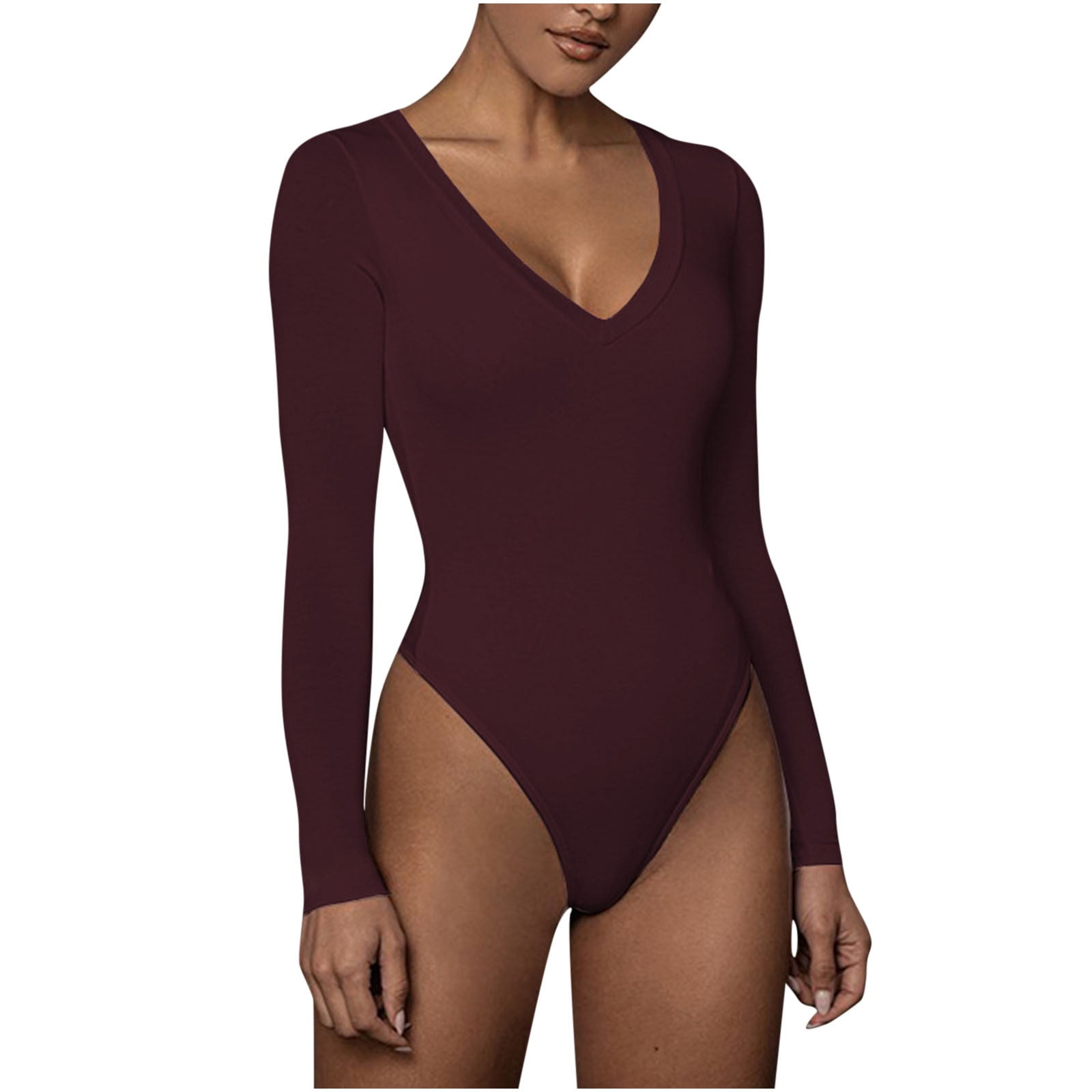 Odeerbi Tummy Control Shapewear Bodysuit for Women Long Sleeved Sexy  Versatile Solid Color 2024 Fashion Tight Fitting Cutout Jumpsuit Burgundy
