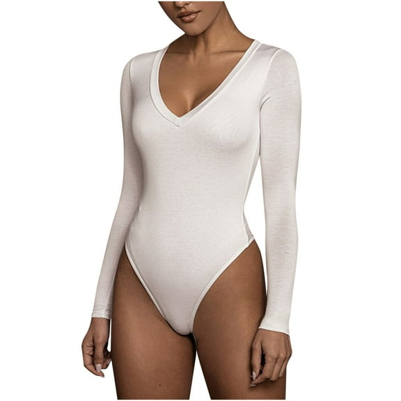 Odeerbi Tummy Control Shapewear Bodysuit for Women Long Sleeved Sexy Versatile Solid Color 2025 Fashion Tight Fitting Cutout Jumpsuit White