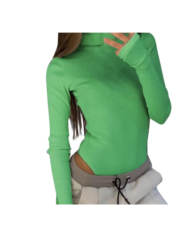 Tummy Control Shapewear Bodysuit for Women Solid Rompers Jumpsuit High-necked Long Sleeve Jumpsuit Mint Green