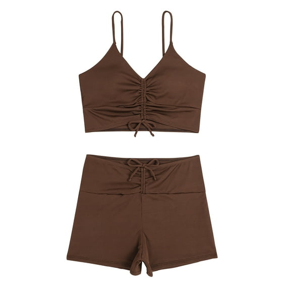 Odeerbi Two Piece Athletic Swimsuits for Women Sports Tank Tops with High Waisted Boyshorts Set Bathing Suits Conservative Boy Shorts Pleat Beachwear Solid Color Sexy Bikini Coffee
