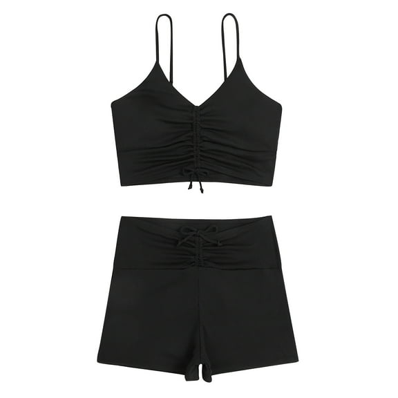 Odeerbi Two Piece Athletic Swimsuits for Women Sports Tank Tops with High Waisted Boyshorts Set Bathing Suits Conservative Boy Shorts Pleat Beachwear Solid Color Sexy Bikini Black