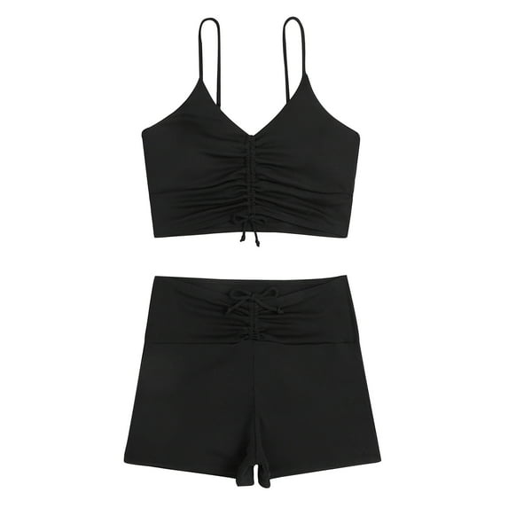 Odeerbi Two Piece Athletic Swimsuits for Women Sports Tank Tops with High Waisted Boyshorts Set Bathing Suits Conservative Boy Shorts Pleat Beachwear Solid Color Sexy Bikini Black