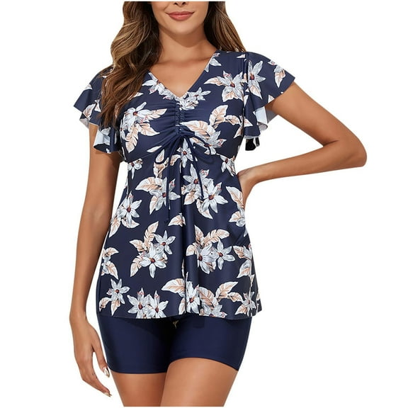 Odeerbi Two Piece Athletic Tankini Swimsuits for Women Sports Ruffle Sleeve Tops with Boyshorts Set Modest Bathing Suits New Fashion Swimwear Sexy Casual Bikini Set Printed Beachwear Navy