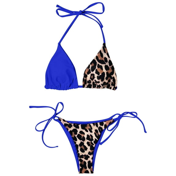 Odeerbi Two Piece Bikini Lace Up Triangle Swimsuit Erogenous Strap Swimwear Color Matching Splicing Beachwear Blue