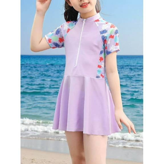 Odeerbi Two Piece Swim Dress Swimsuits for Toddler Kids Girls Modest Training Swimdress Bathing Suits Swimwear with Shorts Cute Flowers Leaf Print Swimming Trunks Beachwear Set Purple