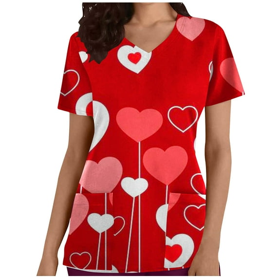 Odeerbi Valentines Scrub Tops for Women V Neck T-Shirt 2025 Fashion Short Sleeve Printing Blouse Causal Pullover Pockets Red