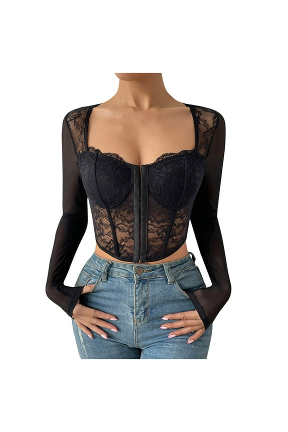 Vintage Corset Tops with Sleeves for Women 2025 Medieval Lace Trim Boned Corset Sexy Mesh Perspective Flower Print Retro Fishbone Strap Waist Corset Black