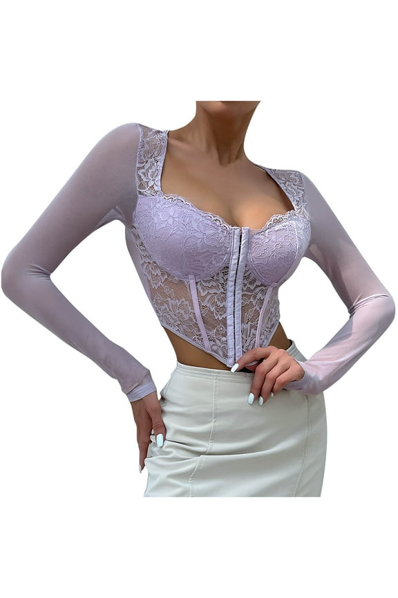 Vintage Corset Tops with Sleeves for Women 2025 Medieval Lace Trim Boned Corset Sexy Mesh Perspective Flower Print Retro Fishbone Strap Waist Corset Purple