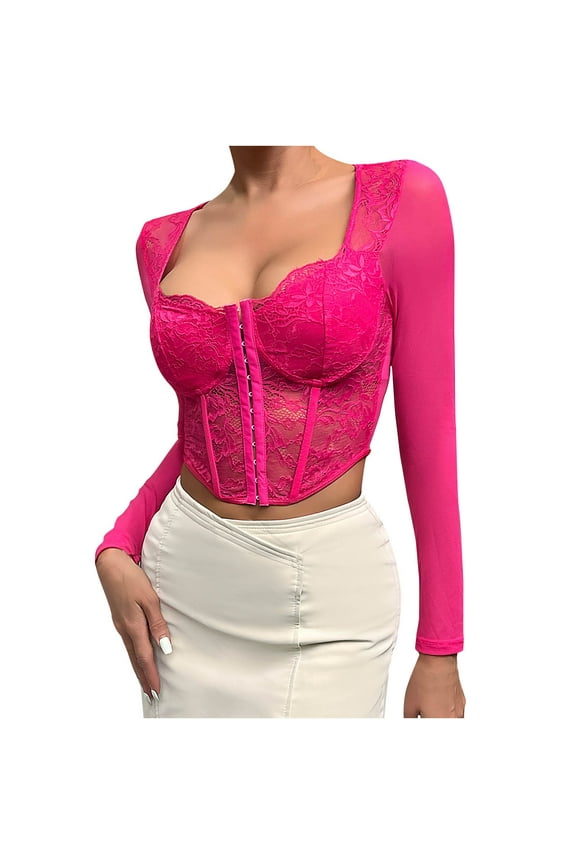 Vintage Corset Tops with Sleeves for Women 2025 Medieval Lace Trim Boned Corset Sexy Mesh Perspective Flower Print Retro Fishbone Strap Waist Corset Hot Pink