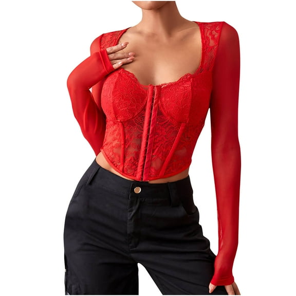 Odeerbi Vintage Corset Tops with Sleeves for Women 2025 Medieval Lace Trim Boned Corset Sexy Mesh Perspective Flower Print Retro Fishbone Strap Waist Corset Red