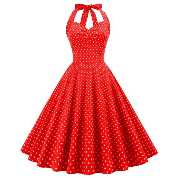 Odeerbi Vintage Halter Dresses for Women Backless Slip Dress Fashion 2025 Casual Sexy Lace-up Collar Big Swing Puffy Dress Red