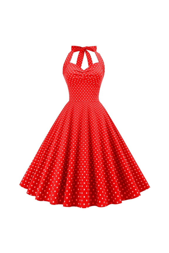 Vintage Halter Dresses for Women Backless Slip Dress Fashion 2025 Casual Sexy Lace-up Collar Big Swing Puffy Dress Red