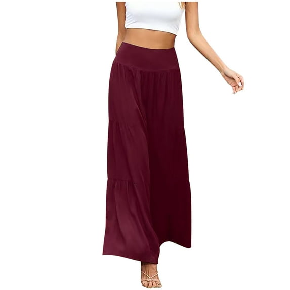Odeerbi Wide Leg Pants for Women Fashion 2025 Casual High Waist Elastic Waist Solid Color Ruffle Long Pants Claret