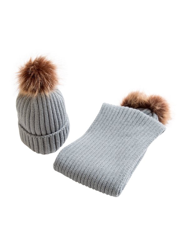 Winter Beanie for Boys Girls Knitted Beanie Cap Baby Toddler Kids Two-piece Set Solid Color Bib Hat Gray