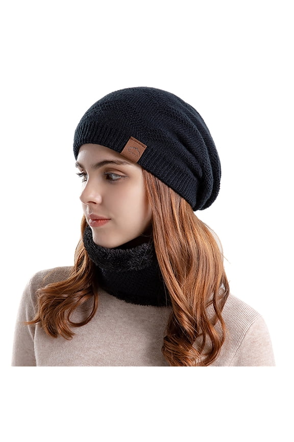 Winter Beanie for Men Women Knitted Beanie Cap 2PCS Suit Patchwork Hat Warm Windproof Baggy Stretch Soft Hat + Scarf Set Black
