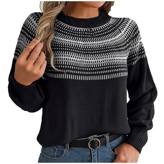 Odeerbi Winter Cable Knit Striped Sweater for Women 2025 Puff Sleeve Color Block Sweater Retro Contrasting Color Dough Twists Lantern Sleeve Pullover Sweater Top Black