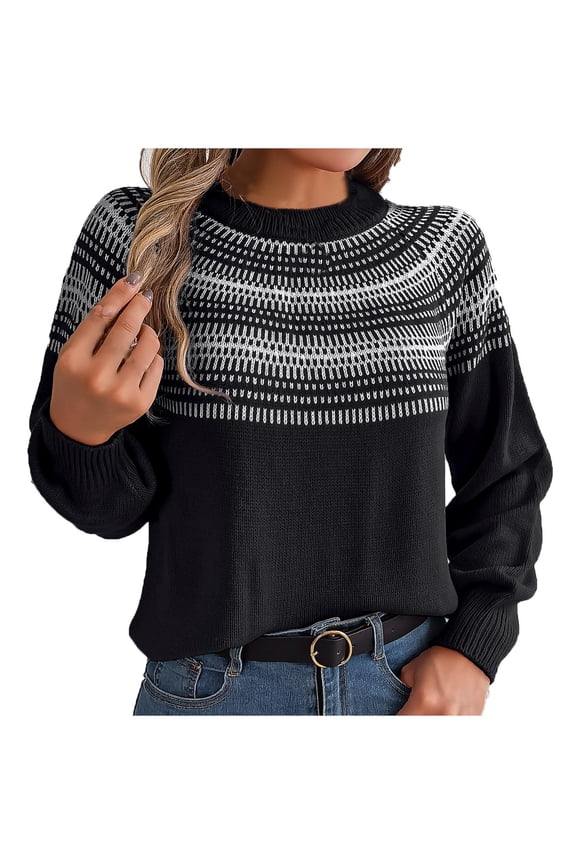 Winter Cable Knit Striped Sweater for Women Puff Sleeve Color Block Sweater Retro Contrasting Color Dough Twists Lantern Sleeve Pullover Sweater Top Black