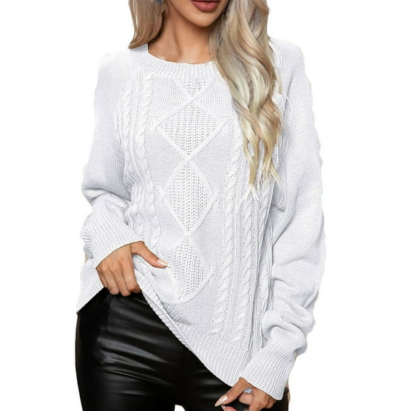 Odeerbi Winter Cable Knit Sweater for Women 2025 Raglan Sleeves Raglan Sleeved Warm Pullover Sweater Tops White