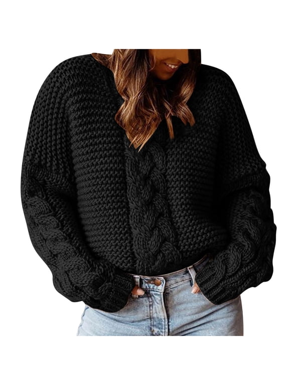 Winter Cable Knit Sweaters For Women Loose Solid Color V Neck Sweater Fashion Casual Dough Twists Pullover Sweater Black