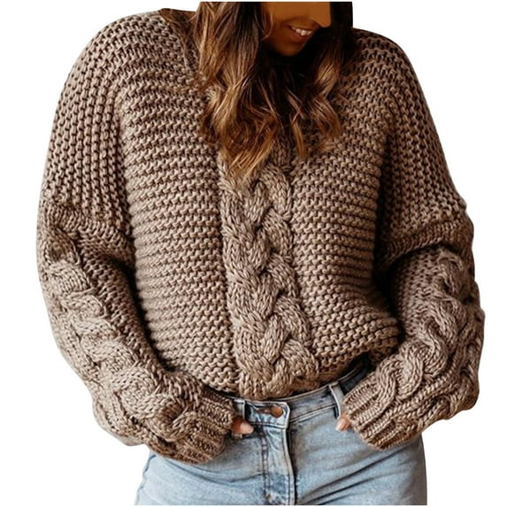 Odeerbi Winter Cable Knit Sweaters For Women Loose Solid Color V Neck Sweater Fashion 2025 Casual Dough Twists Pullover Sweater Brown