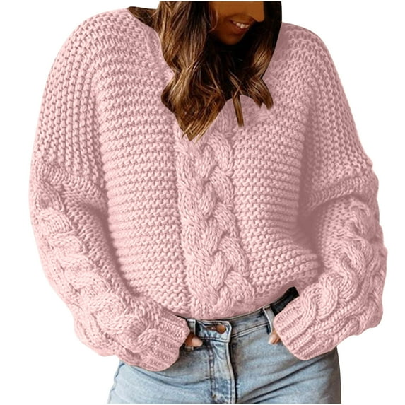 Odeerbi Winter Cable Knit Sweaters For Women Loose Solid Color V Neck Sweater Fashion Casual Dough Twists Pullover Sweater Pink