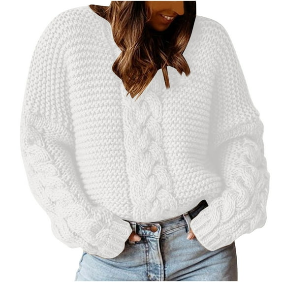 Odeerbi Winter Cable Knit Sweaters For Women Loose Solid Color V Neck Sweater Fashion 2025 Casual Dough Twists Pullover Sweater White