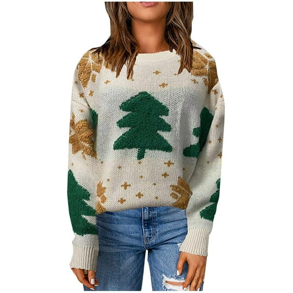 Odeerbi Winter Christmas Knit Sweater For Women Fashion Long Sleeve Round Neck 2025 Casual Pullove Sweater Tops Beige