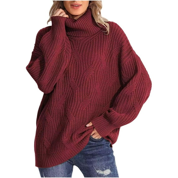 Odeerbi Winter Chunky Knit Turtleneck Sweater For Women Solid Color Cowl Neck Sweater Fashion 2025 Casual Long Sleeve Pullover Sweater Tops Burgundy