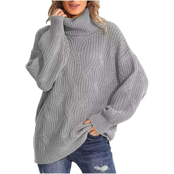 Odeerbi Winter Chunky Knit Turtleneck Sweater For Women Solid Color Cowl Neck Sweater Fashion 2025 Casual Long Sleeve Pullover Sweater Tops Gray