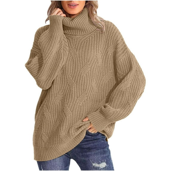 Odeerbi Winter Chunky Knit Turtleneck Sweater For Women Solid Color Cowl Neck Sweater Fashion 2025 Casual Long Sleeve Pullover Sweater Tops Khaki