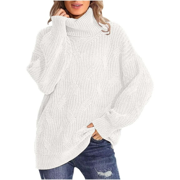 Odeerbi Winter Chunky Knit Turtleneck Sweater For Women Solid Color Cowl Neck Sweater Fashion 2025 Casual Long Sleeve Pullover Sweater Tops White