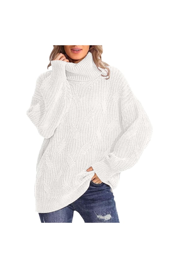 Winter Chunky Knit Turtleneck Sweater For Women Solid Color Cowl Neck Sweater Fashion 2025 Casual Long Sleeve Pullover Sweater Tops White