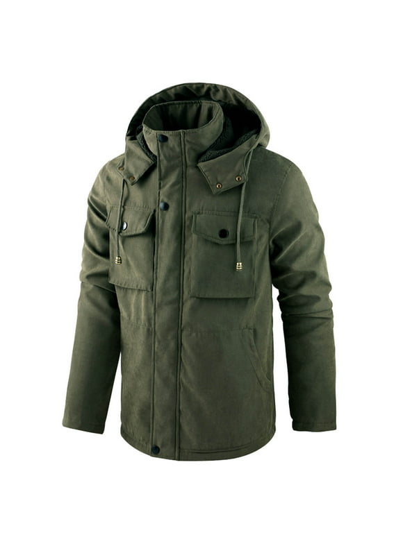 Odeerbi Winter Coats For Men Heavy Coat New Trendy 2024 Casual Loose Plush Warm Cotton Hooded Jacket Long Sleeve Parkas Dark Blue