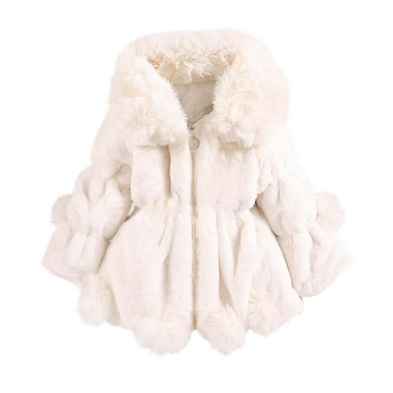 Odeerbi Winter Coats for Kids Toddler Girls Solid Color Thicken Plush Cute Keep Warm Hoodie Hairball Thick Cloak White