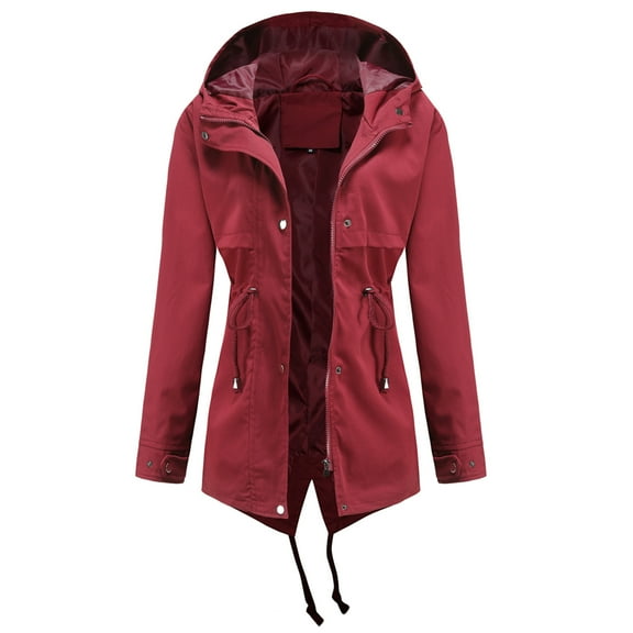 Odeerbi Winter Coats for Women 2025 Solid Rain Jacket Outdoor Jackets Waterproof Hooded Raincoat Windproof Burgundy