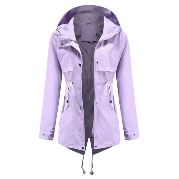Odeerbi Winter Coats for Women 2025 Solid Rain Jacket Outdoor Jackets Waterproof Hooded Raincoat Windproof Purple
