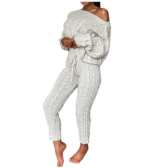Odeerbi Winter Fleece Knit Sweater Sets Women 2 Piece Clothing Set Fashion 2024 Casual Solid Color Shirts Sets Long Sleeve Round Neck Suit White