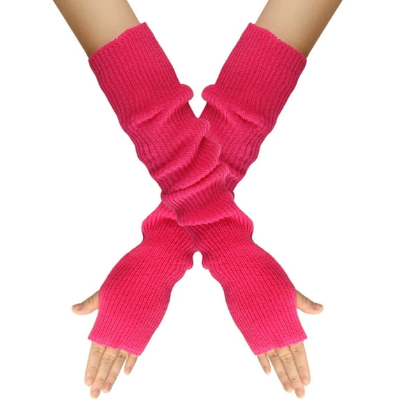 Odeerbi Winter Gloves For Men Women Knitted Mittens Long Gloves Winter Wrist Arm Warmer Solid Fingerless Gloves Hot Pink