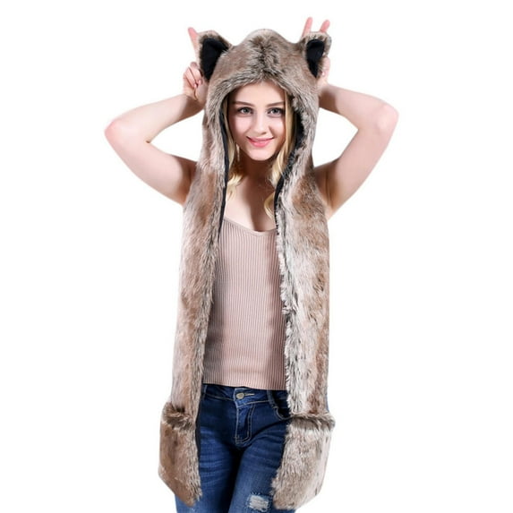 Odeerbi Winter Hat with Ears for Women 2025 Faux Hood Cap Mittens Ears Cartoon Hat Gloves Scarf Pocket Khaki