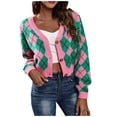 thumbnail image 1 of Odeerbi Winter Knit Cropped Cardigan Sweaters for Women Loose Argyle Plaid Color Block Cotton Sweater Lightweight Rhombic Lattice Cover Up Open Front Short Sweater Pink, 1 of 9