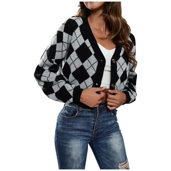Odeerbi Winter Knit Cropped Cardigan Sweaters for Women 2025 Loose Argyle Plaid Color Block Cotton Sweater Lightweight Rhombic Lattice Cover Up Open Front Short Sweater Gray